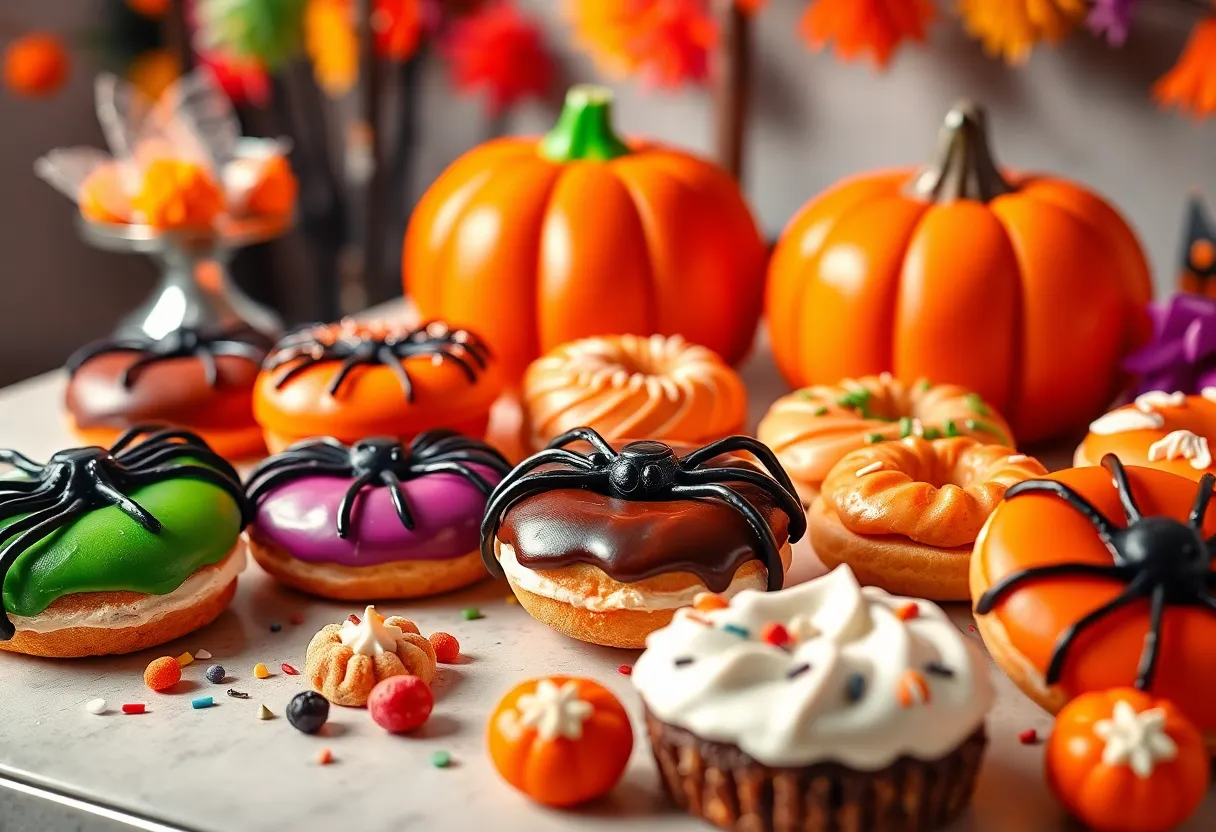 A selection of Halloween-themed treats including spider donuts and festive desserts.
