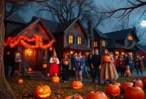 Teens enjoying Halloween festivities in Atlanta with spooky decorations.