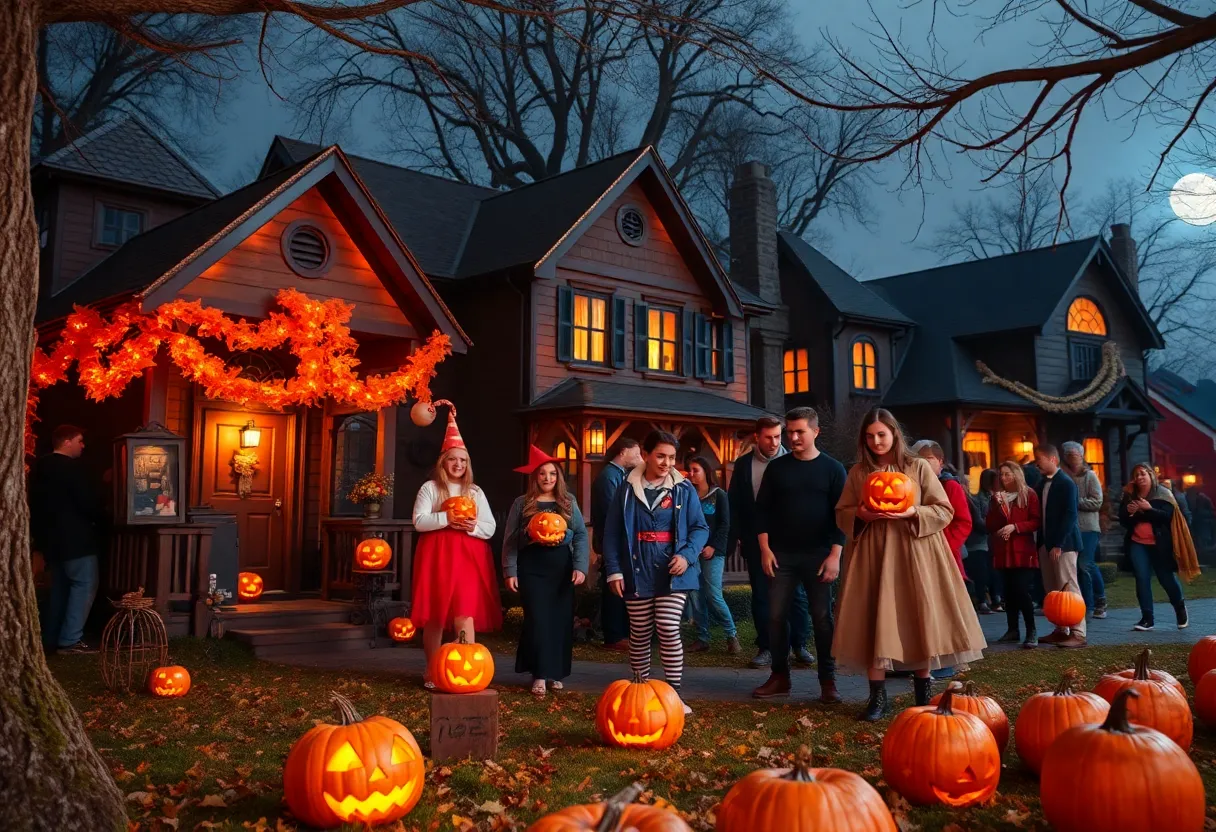 Teens enjoying Halloween festivities in Atlanta with spooky decorations.