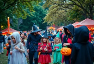 Families celebrating Halloween in Atlanta with costumes and activities.