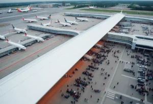 Aerial view of Hartsfield-Jackson Atlanta International Airport with travelers and airplanes during a busy holiday weekend.
