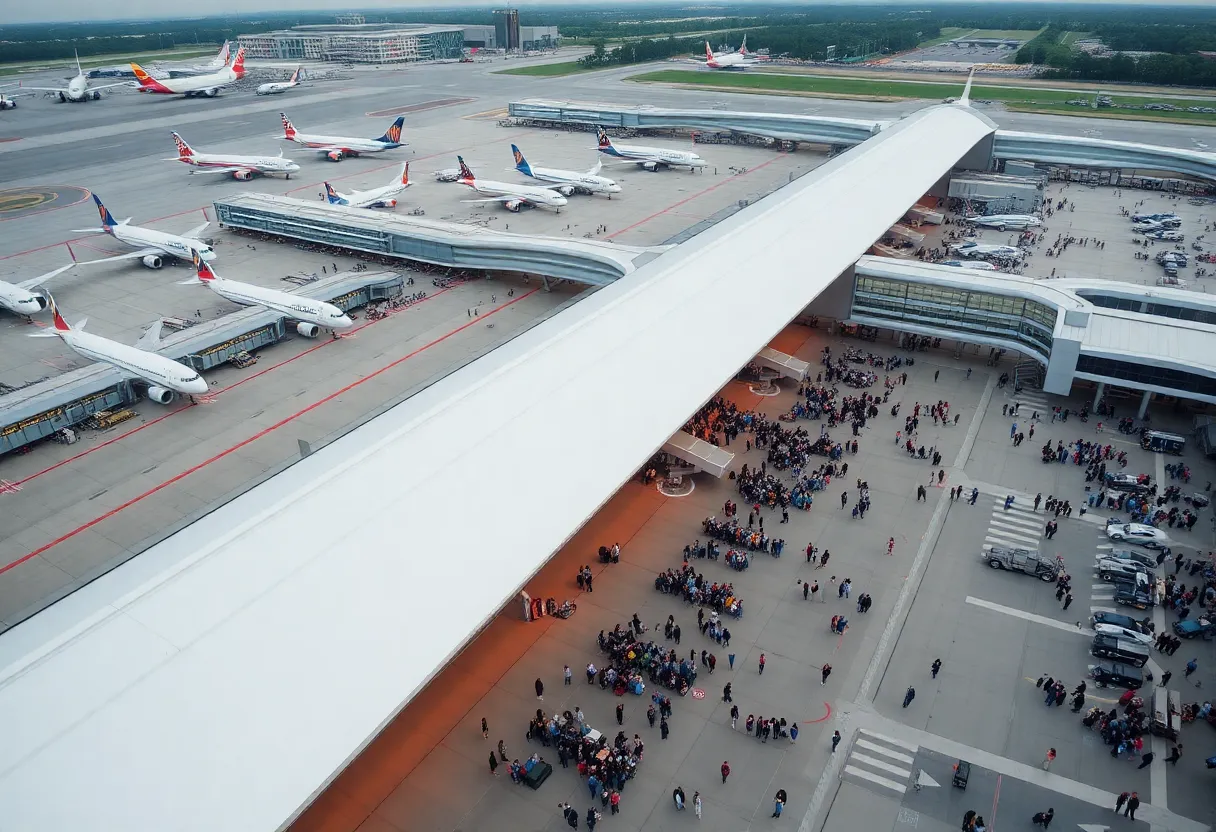 Aerial view of Hartsfield-Jackson Atlanta International Airport with travelers and airplanes during a busy holiday weekend.
