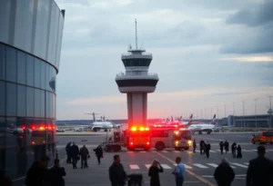 Emergency vehicles and evacuated personnel at Hartsfield-Jackson Atlanta International Airport.