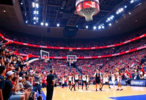 Atlanta Hawks and Houston Rockets playing in a preseason game at State Farm Arena.