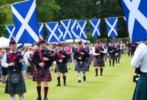 Participants at the Highland Games in traditional Scottish attire