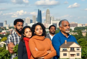 Residents of Atlanta concerned about housing affordability with a skyline in the background