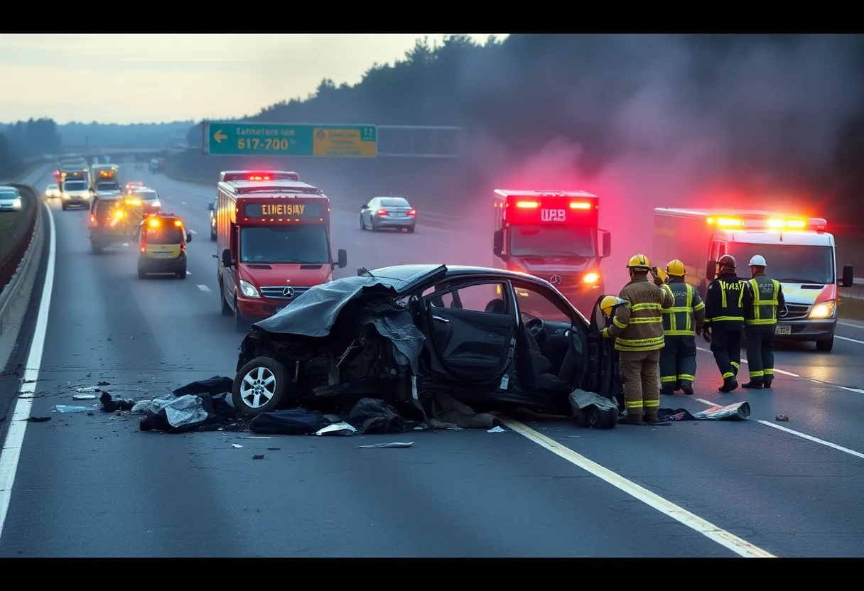Crash scene on I-85 with damaged vehicles and emergency response