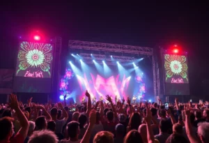 Crowd at the Jingle Ball concert with a vibrant stage