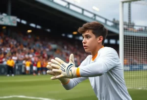 Young goalkeeper making a save during a soccer match