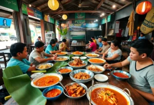 Communal dining setup at Kamayan ATL with traditional Filipino dishes