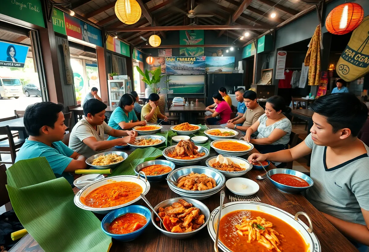Communal dining setup at Kamayan ATL with traditional Filipino dishes