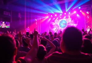 Fans enjoying a concert with bright stage lights
