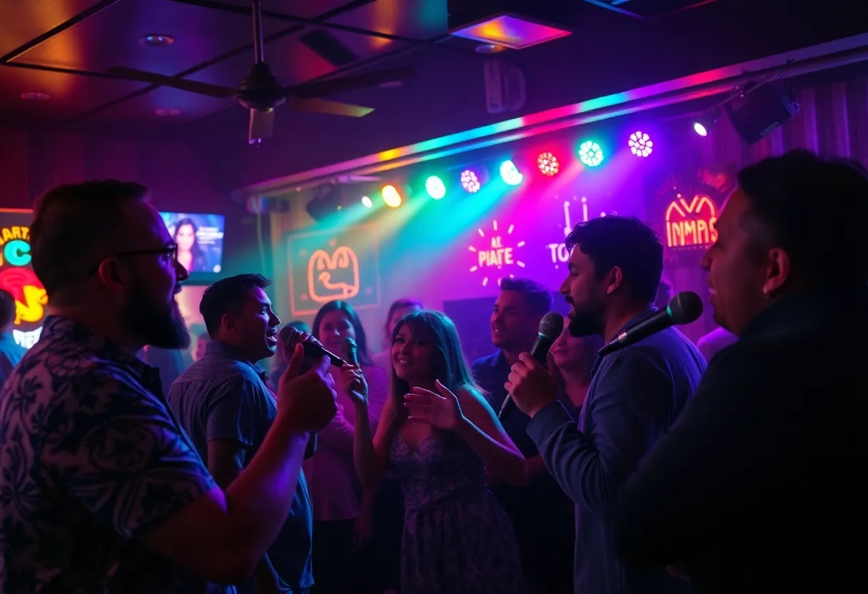 A crowd enjoying karaoke night in a bar setting in Atlanta, GA