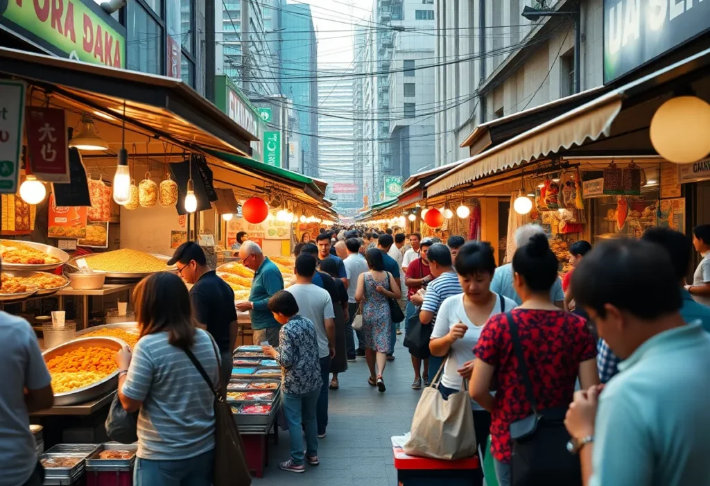 Food stalls at Krog Street Market with visitors enjoying various cuisines.