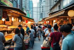 Food stalls at Krog Street Market with visitors enjoying various cuisines.