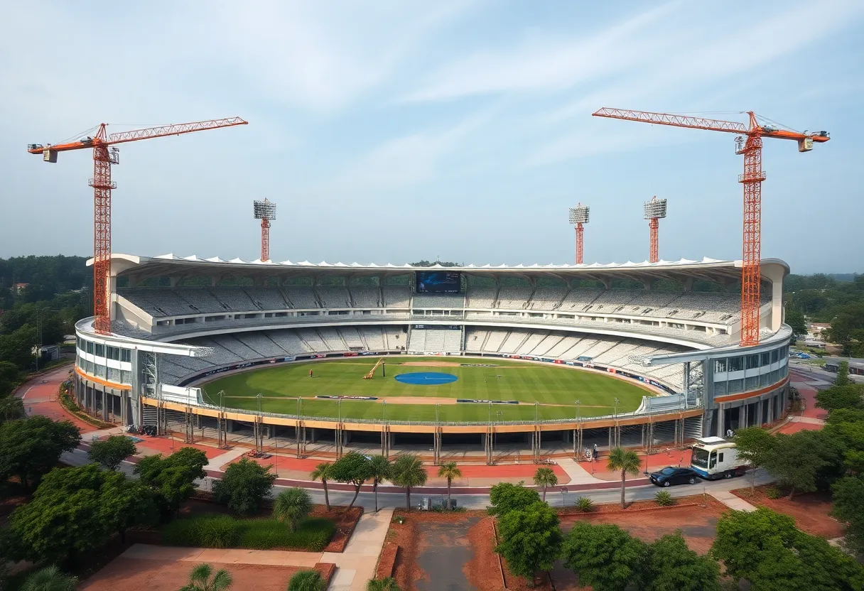 Construction site of LaGrange Cricket Stadium with construction equipment