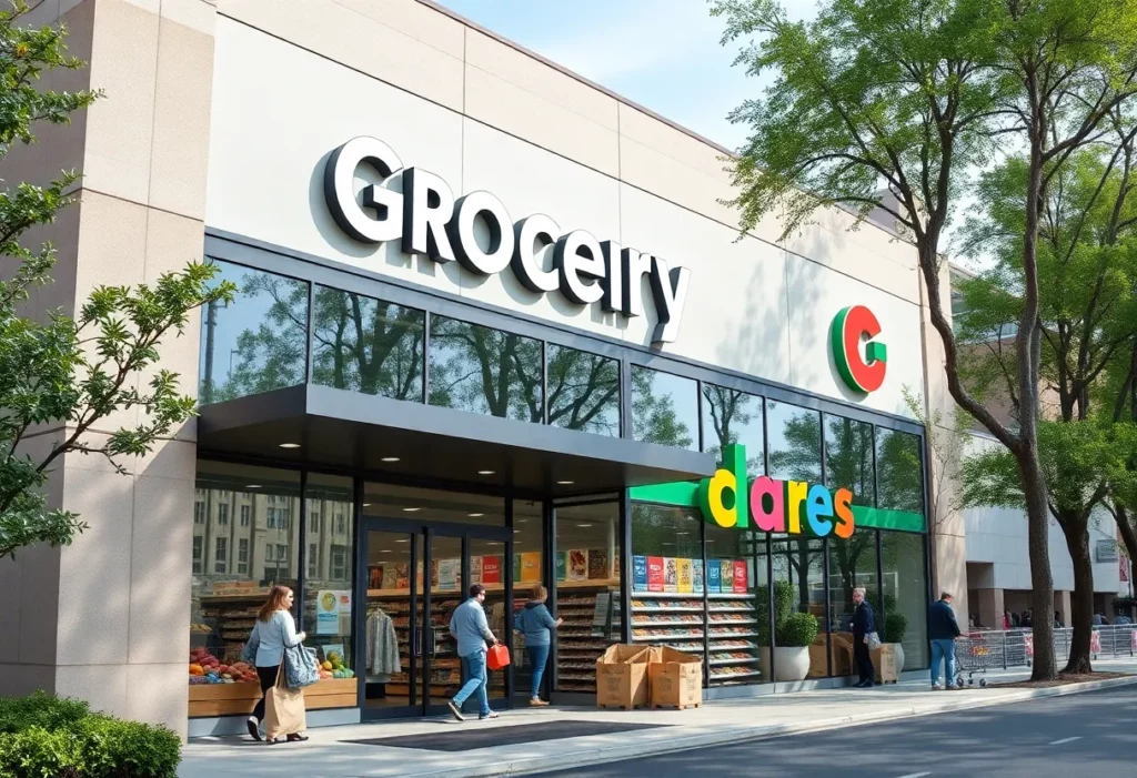 Exterior view of the new Lidl grocery store in Atlanta with shoppers outside.