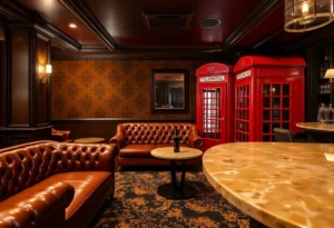 Interior of a luxury speakeasy bar with vintage decor and luxurious seating.