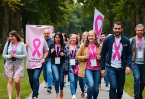 Participants walking for breast cancer awareness at the Making Strides Walk.