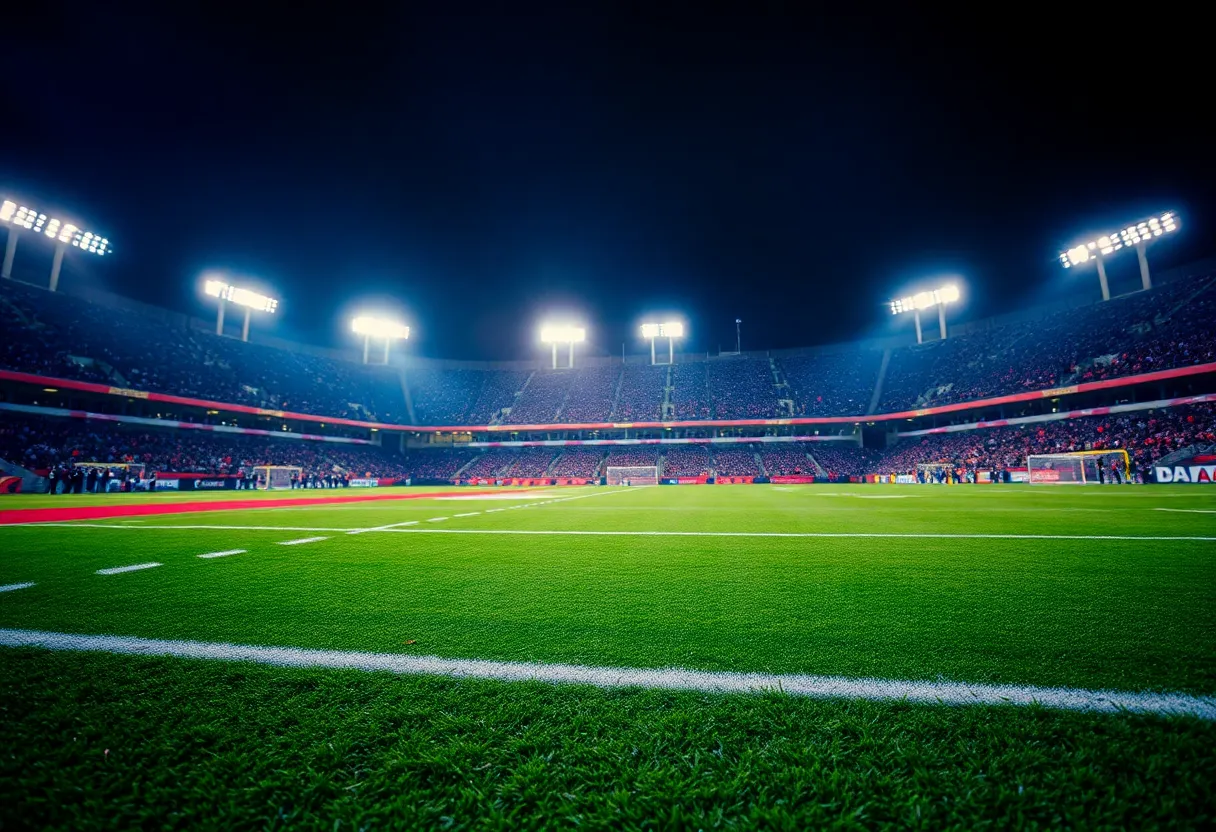 Football field at Mercedes-Benz Stadium during a night game