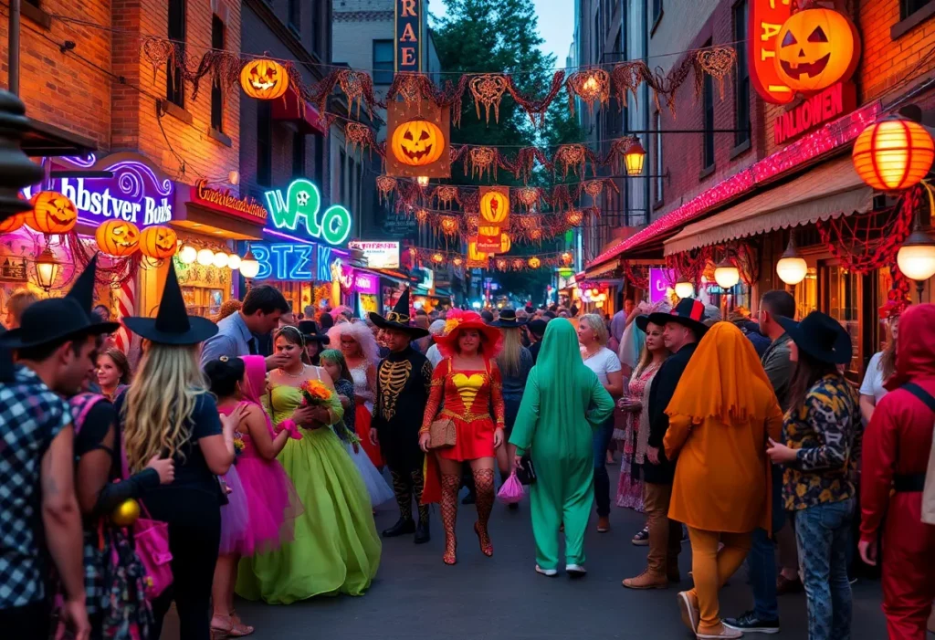 Crowd at Midtown Halloween Block Party wearing costumes