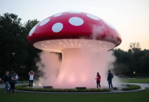 Public art installation featuring oversized mushrooms in Woodruff Park, Atlanta