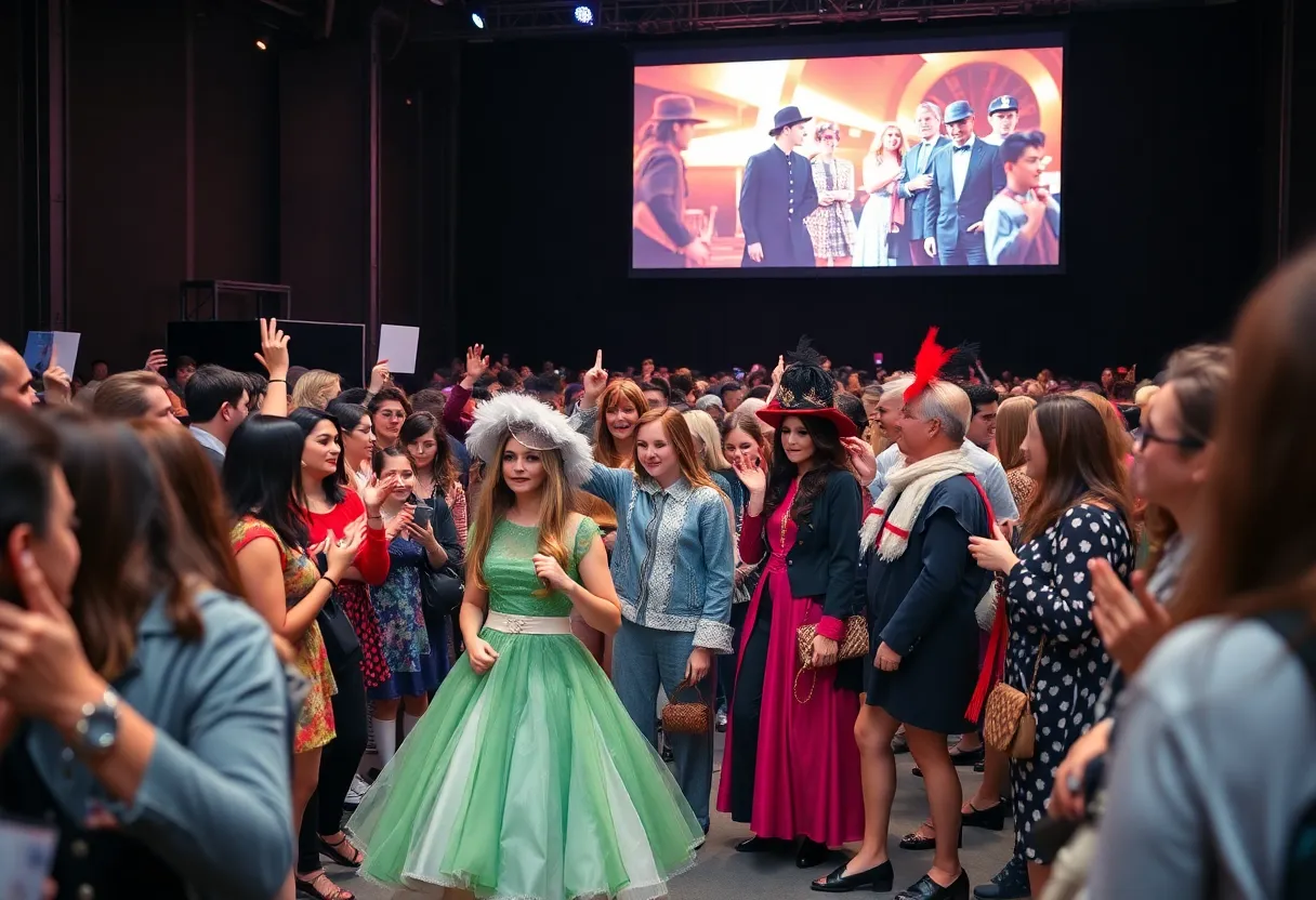 Attendees enjoying a fashion event inspired by classic films.