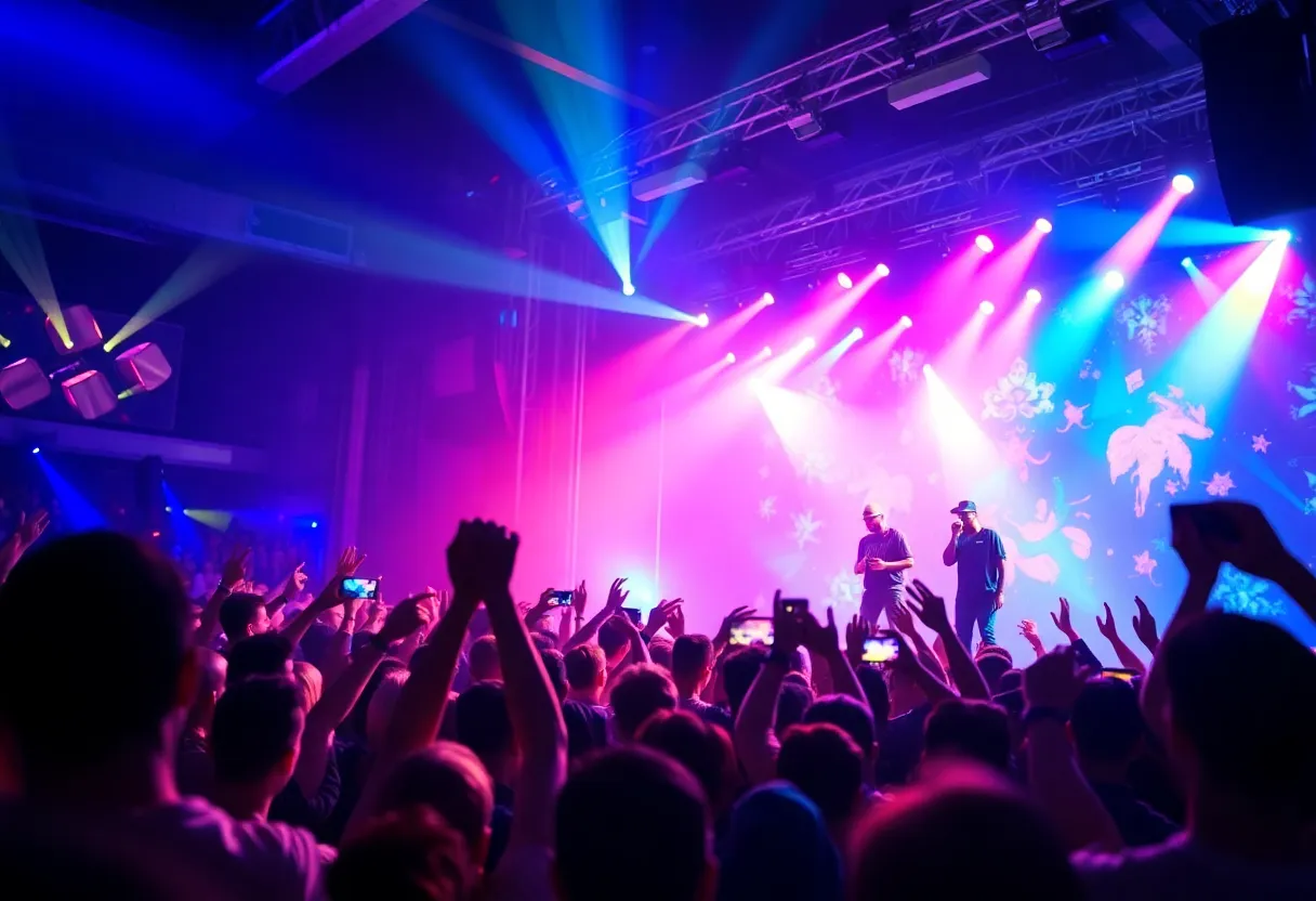 Energetic performance at a hip-hop concert with a lively audience.
