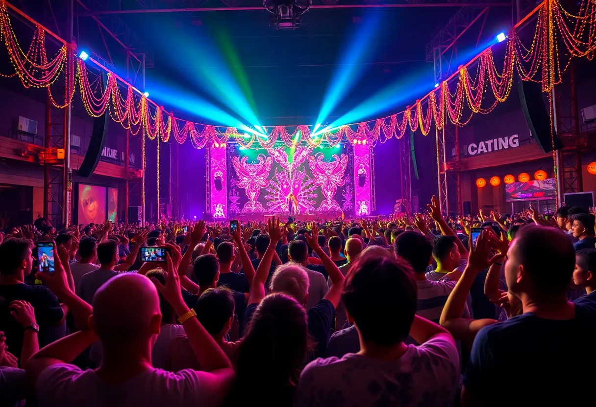 Concert atmosphere with fans and colorful lights