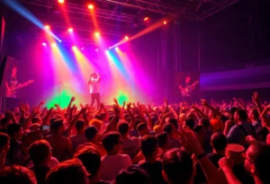 A lively concert atmosphere during a hip-hop performance with cheering fans and dynamic lighting.
