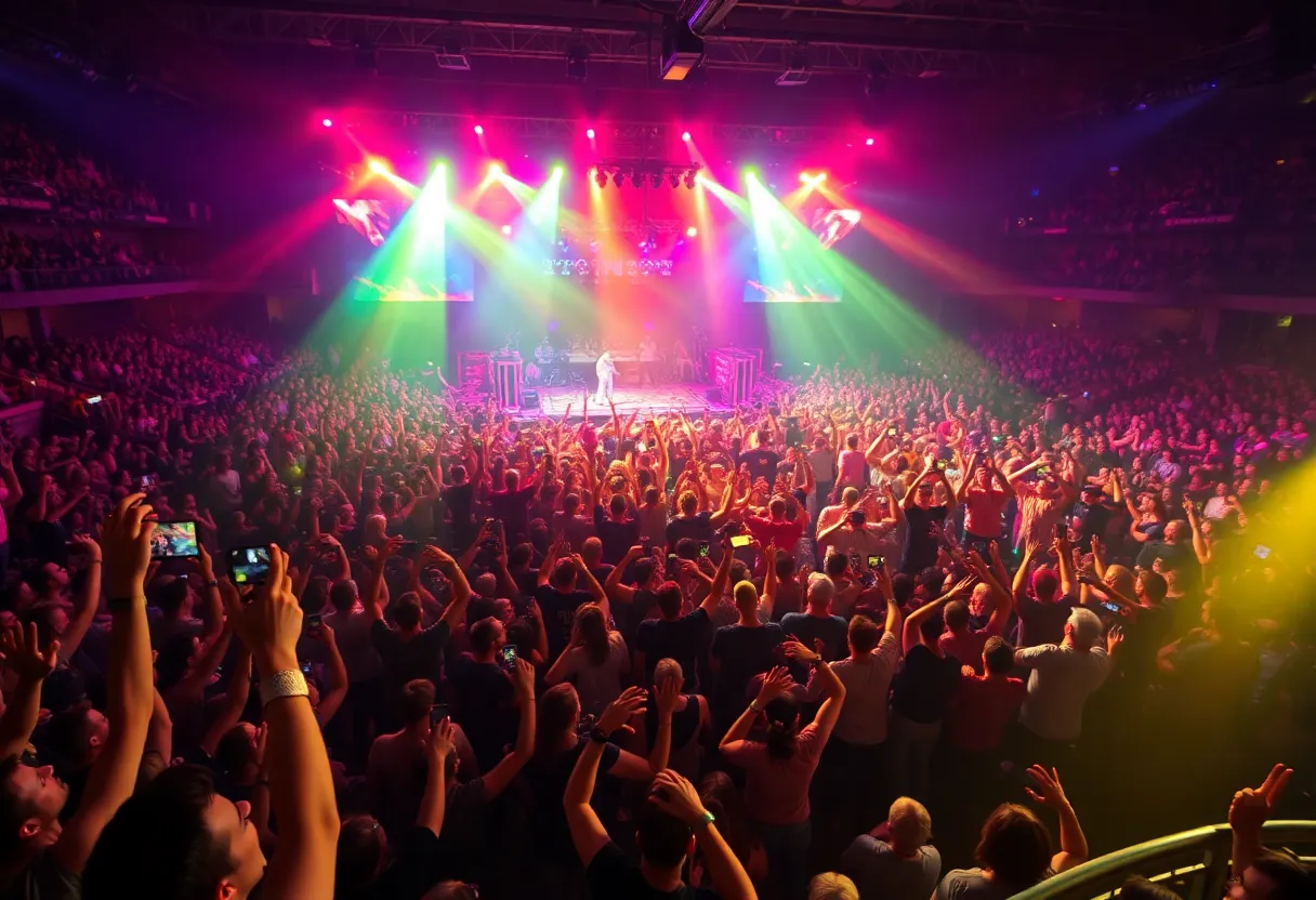 Energetic concert atmosphere with fans and lights