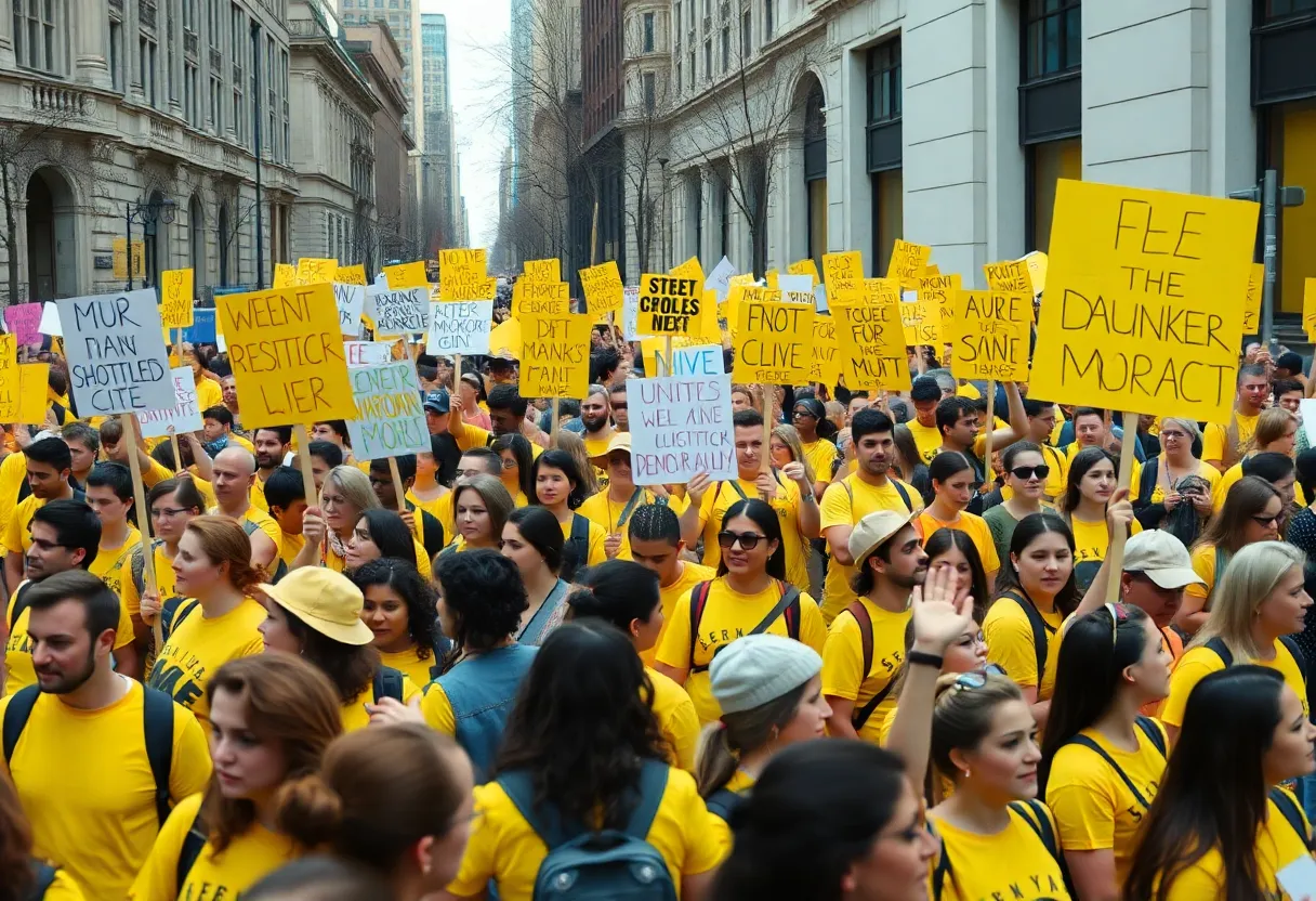 Participants in the No Kings protest in Atlanta wearing yellow