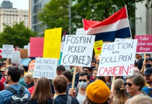 Protesters gathering at the No Kings protest in Atlanta