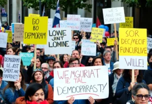 Protesters with signs at a No Kings rally