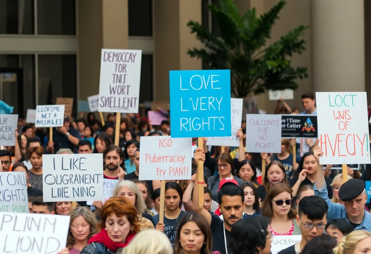 Crowd at No Kings rally holding protest signs