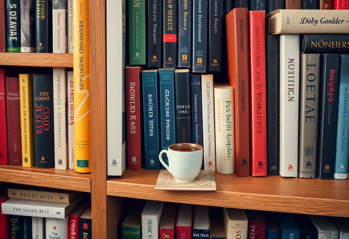 A warm reading nook with various books and a cup of tea.