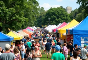 Festival scene at ONE Musicfest in Piedmont Park with attendees enjoying music and food.