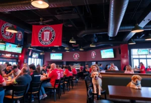Fans enjoying a soccer match at Park Tavern with Atlanta United FC decorations