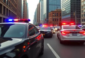Scene of a police chase in Atlanta with law enforcement vehicles