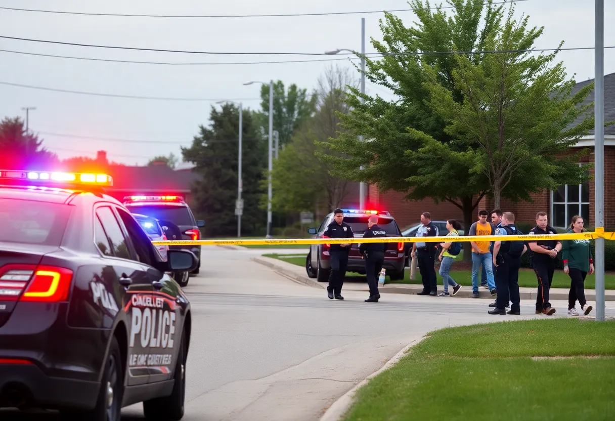 Police setting up a perimeter near Booker T. Washington High School after a shooting incident.