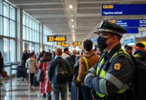 Police presence in a busy airport terminal during a crisis situation