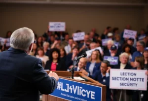Audience listening to a political speaker discussing election security