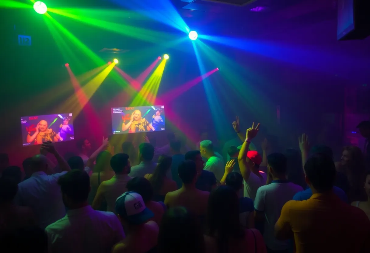 Vibrant atmosphere in a nightclub with colorful lighting and people enjoying their time.