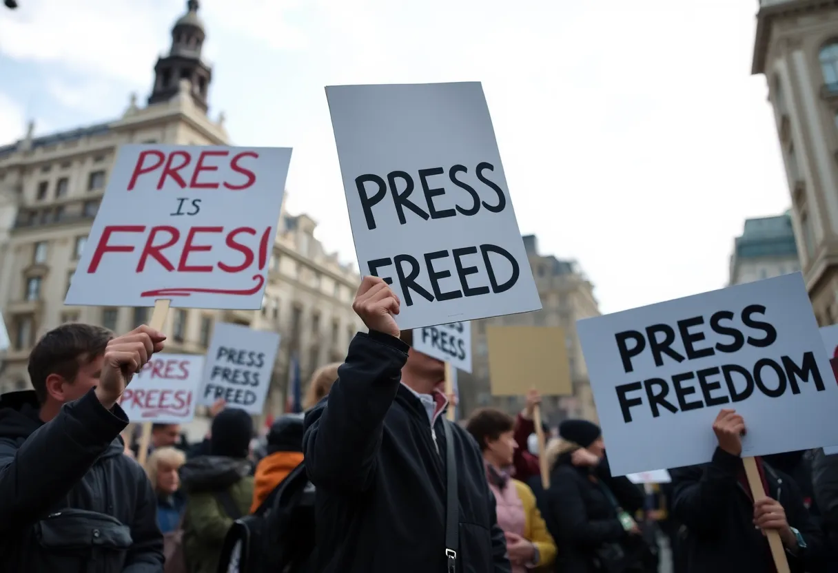 A protest scene advocating for press freedom with diverse crowd holding signs.