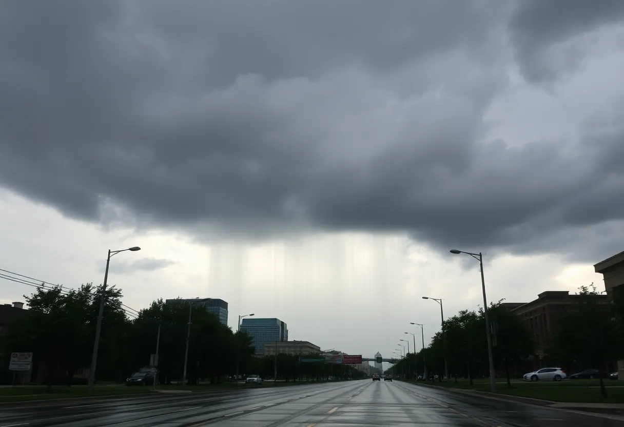 Cloudy sky with rain over Atlanta streets