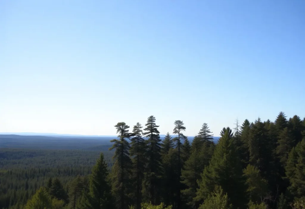 Aerial view of timberland showcasing extensive tree coverage.