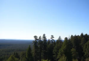 Aerial view of timberland showcasing extensive tree coverage.