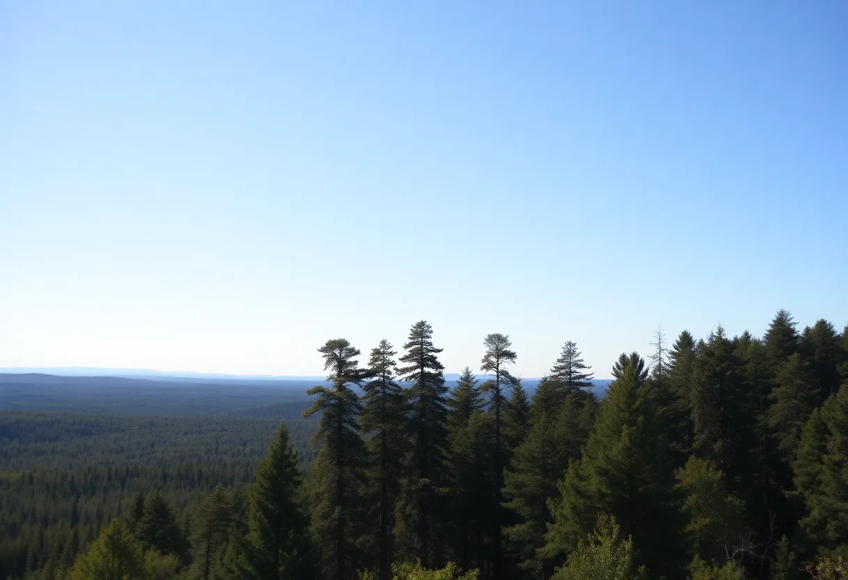 Aerial view of timberland showcasing extensive tree coverage.