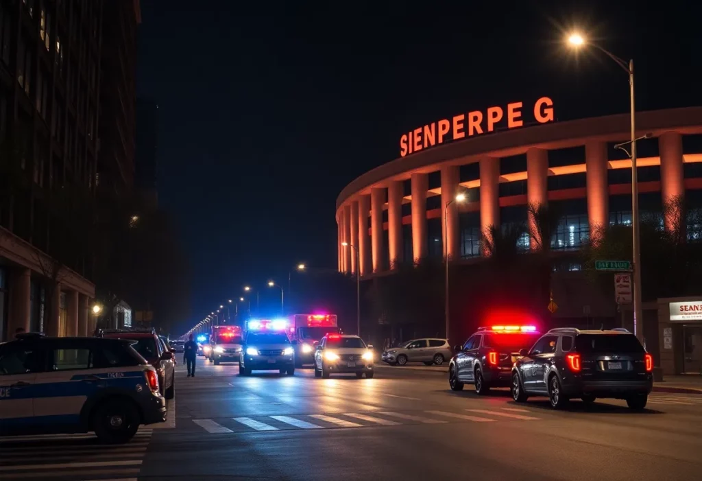 Emergency services responding to a shooting incident near Mercedes-Benz Stadium