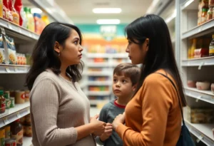 A family concerned about food access in a grocery store during a government funding crisis.